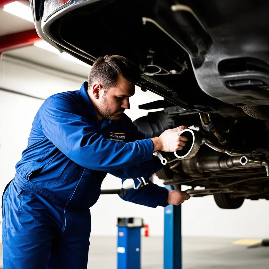 Mechanic checking exhaust